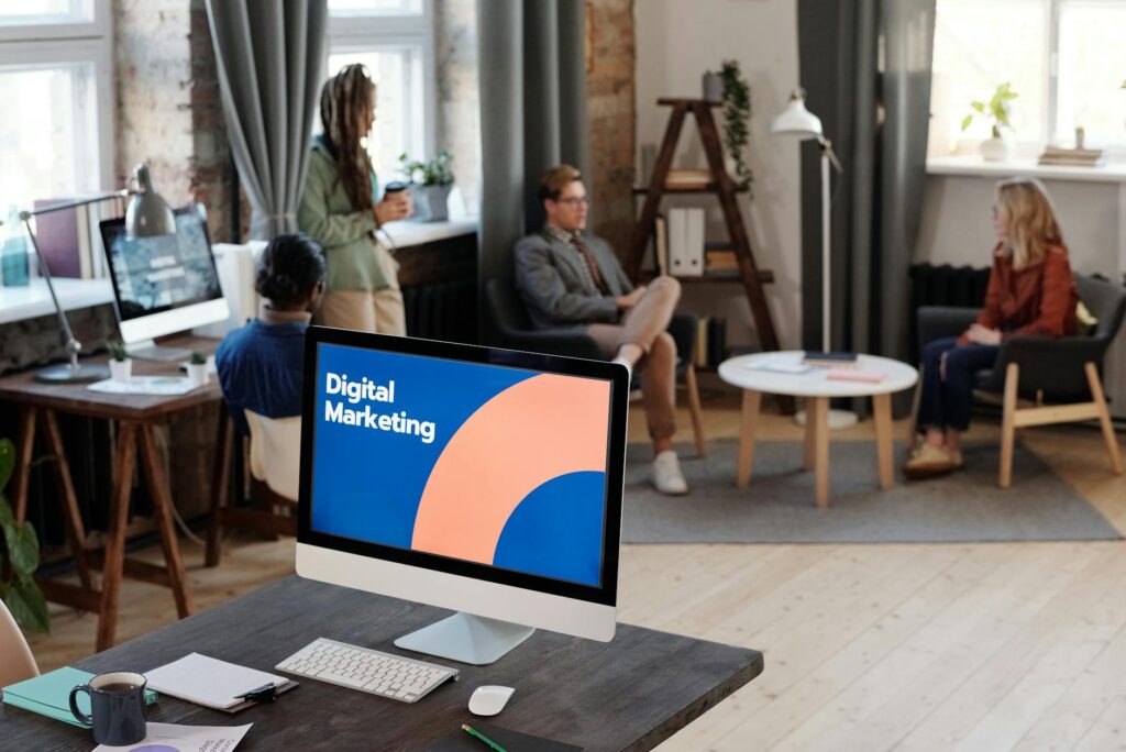 Digital marketing strategy with a magnifying glass over interior design concepts, representing SEO for interior design companies